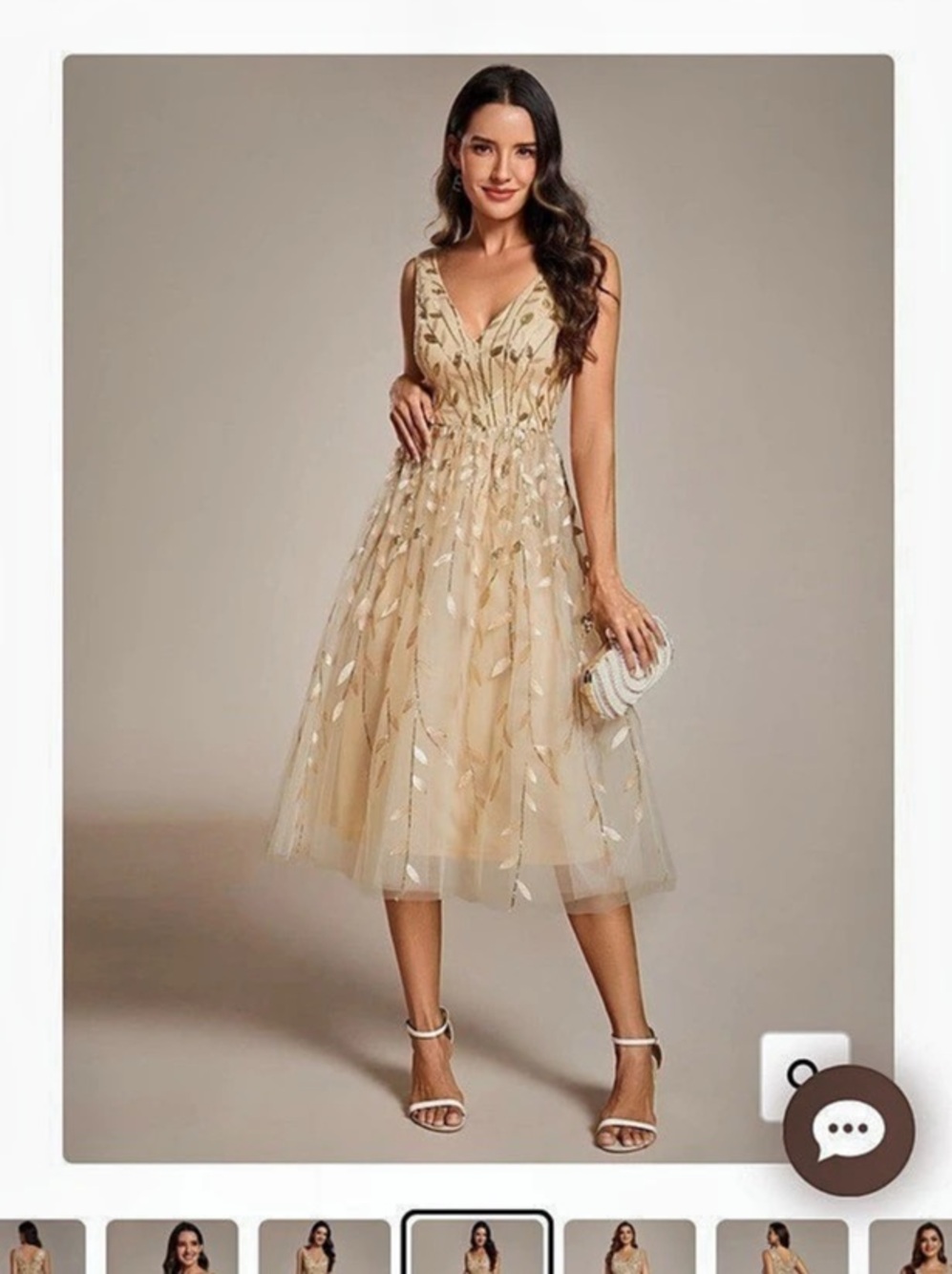 Ever-Pretty V-neck Leaf Sequined Sleeveless A-line Midi Dress Gold